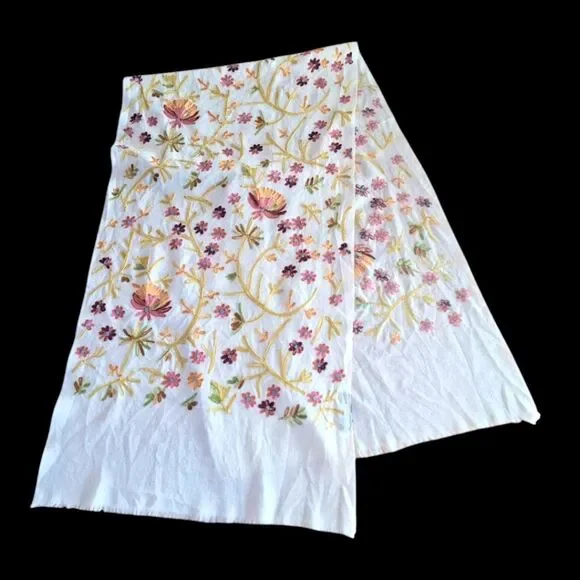 Boho Embroidered Wool Scarf Colorful Floral Cream Raw Edges Large 70 Long x 20 - Picture 3 of 12